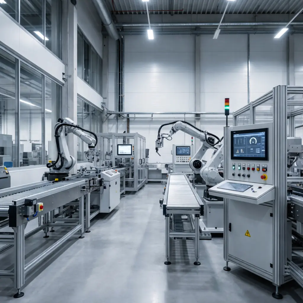 Automated production line with robotic arms and operator HMI panel